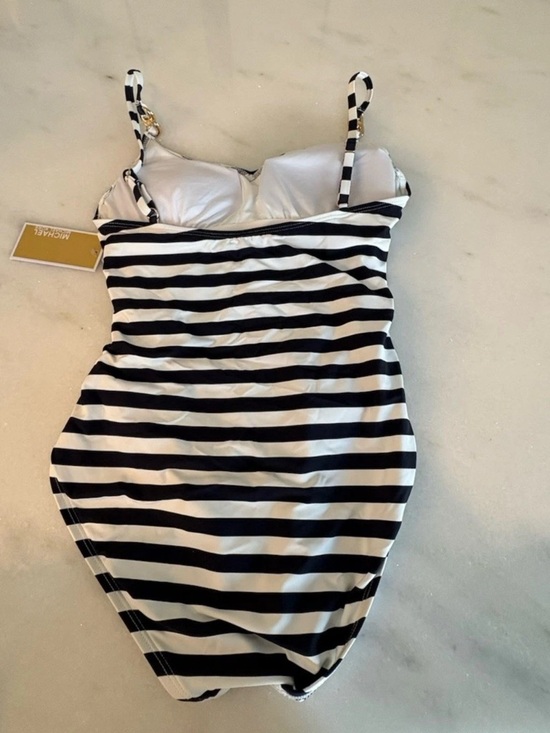 NWT Michael Kors MM4V470 Striped Navy White One Piece Swimsuit Ruched Size 6 - Picture 4 of 6